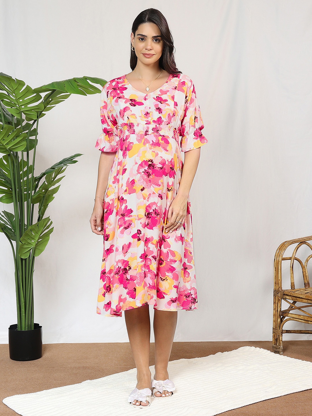 

MomToBe Floral Print Maternity Fit & Flare Midi Dress, Cream