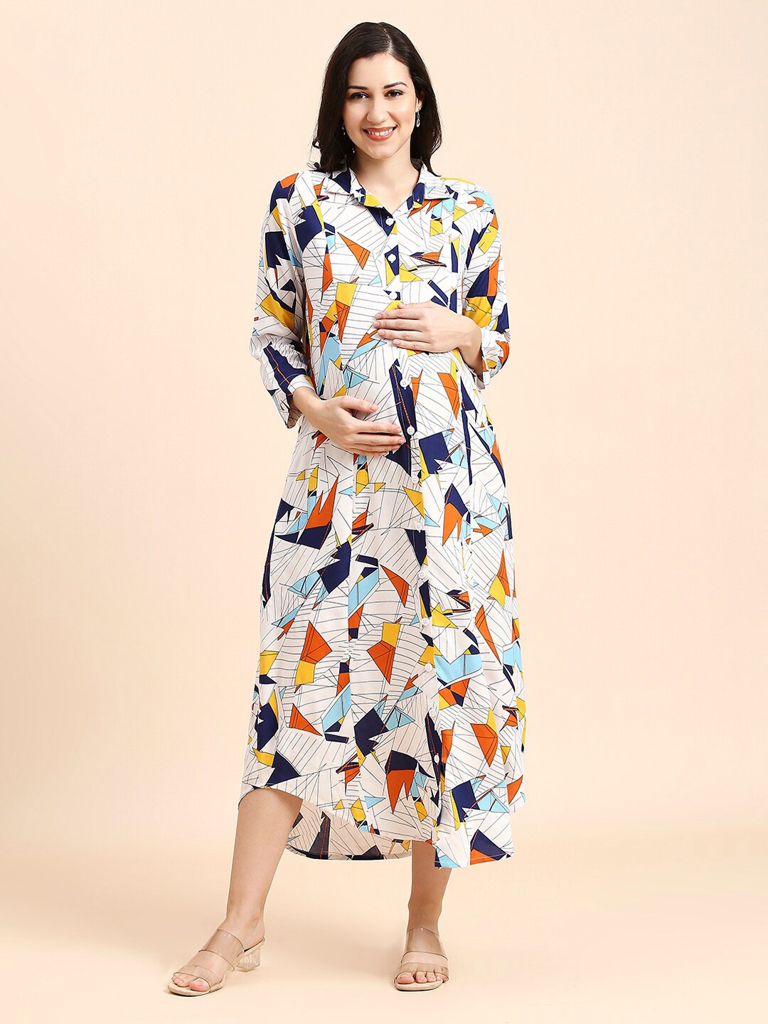 

MomToBe Geometric Print Maternity Shirt Midi Dress, Off white