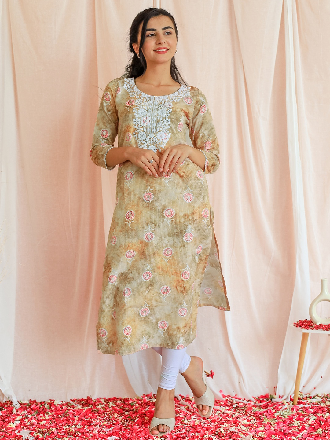 

Libas Floral Printed Round Neck Embroidered Cotton Straight Kurta, Brown