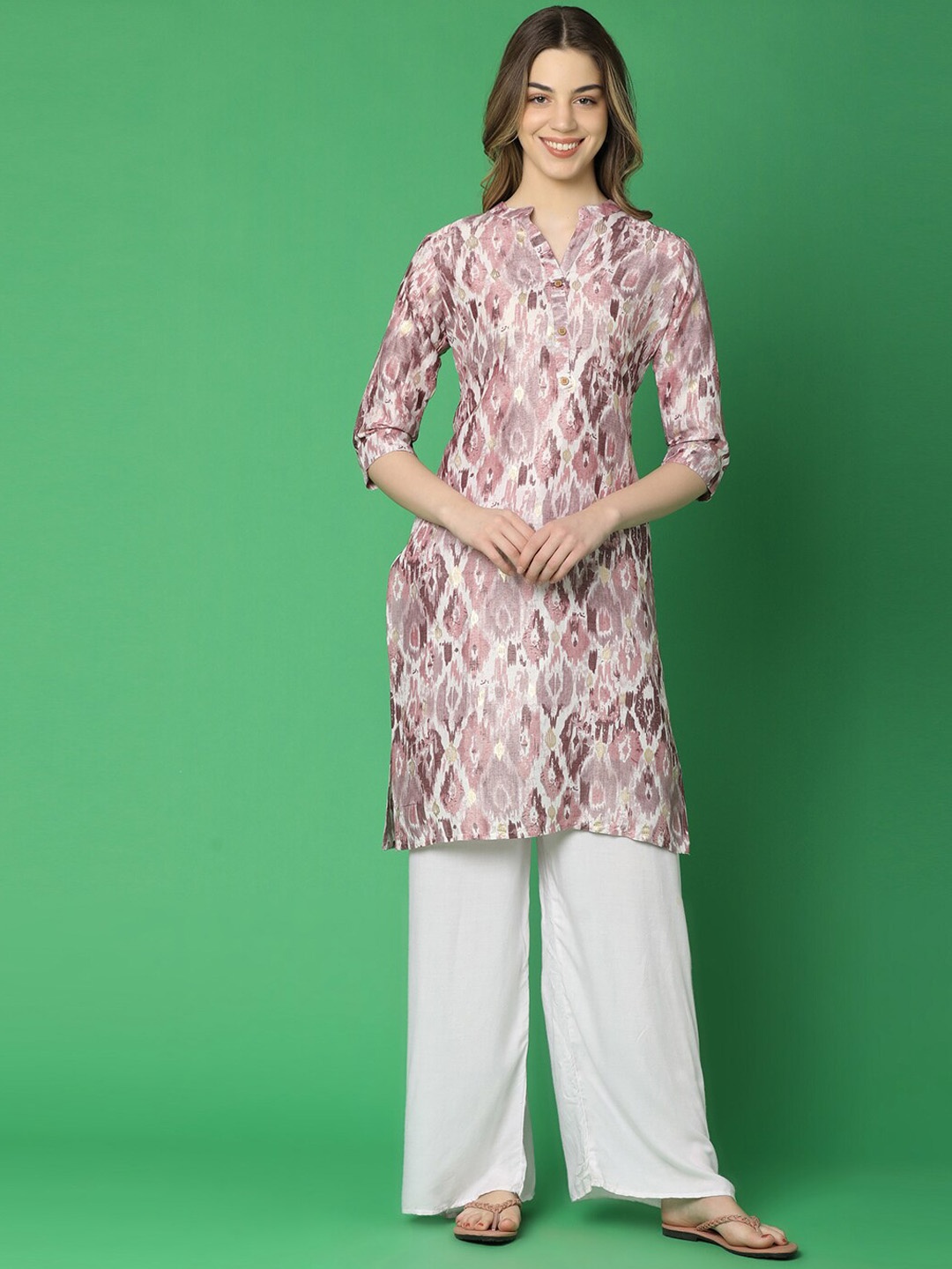 

V-Mart Ethnic Motifs Printed Mandarin Collar Knee Length Straight Kurta, Purple