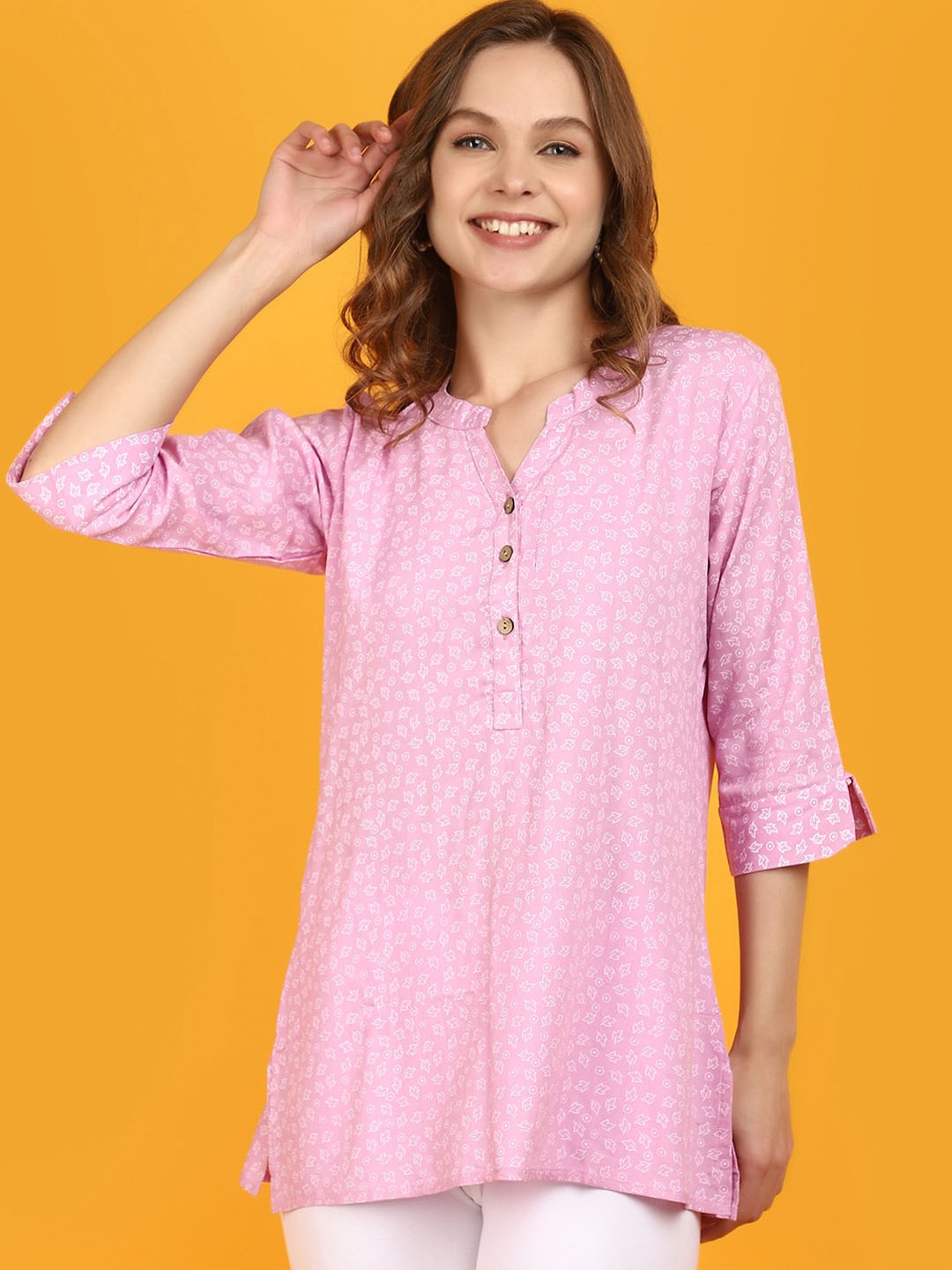 

V-Mart Floral Printed Roll-Up Sleeves Mandarin Collar Kurti, Mauve