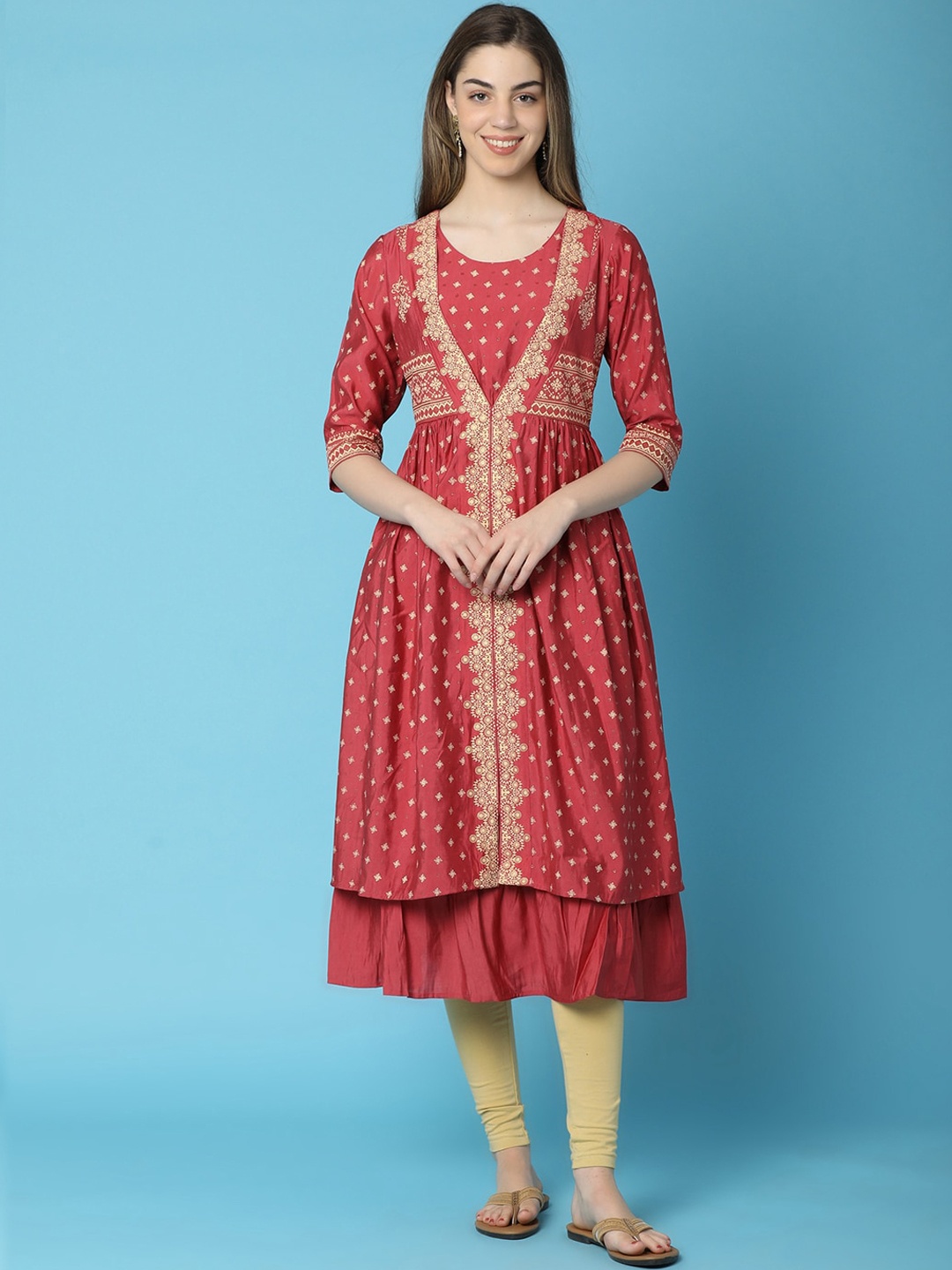 

V-Mart Ethnic Printed Round Neck Anarkali Kurta, Rust