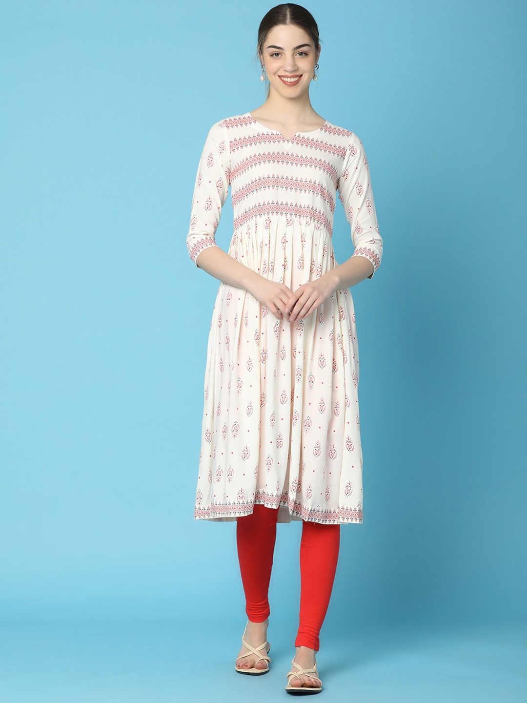 

V-Mart Ethnic Motifs Printed Cotton Empire Anarkali Kurta, Pink