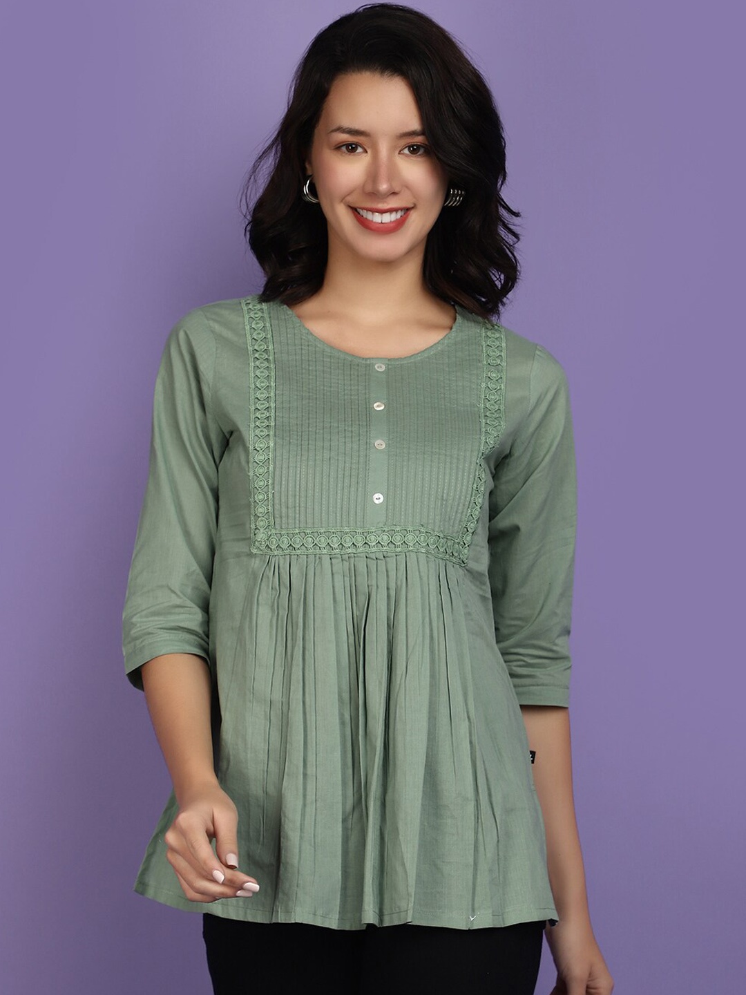 

V-Mart Yoke Design Round Neck Neck Empire Cotton Anarkali Kurti, Green
