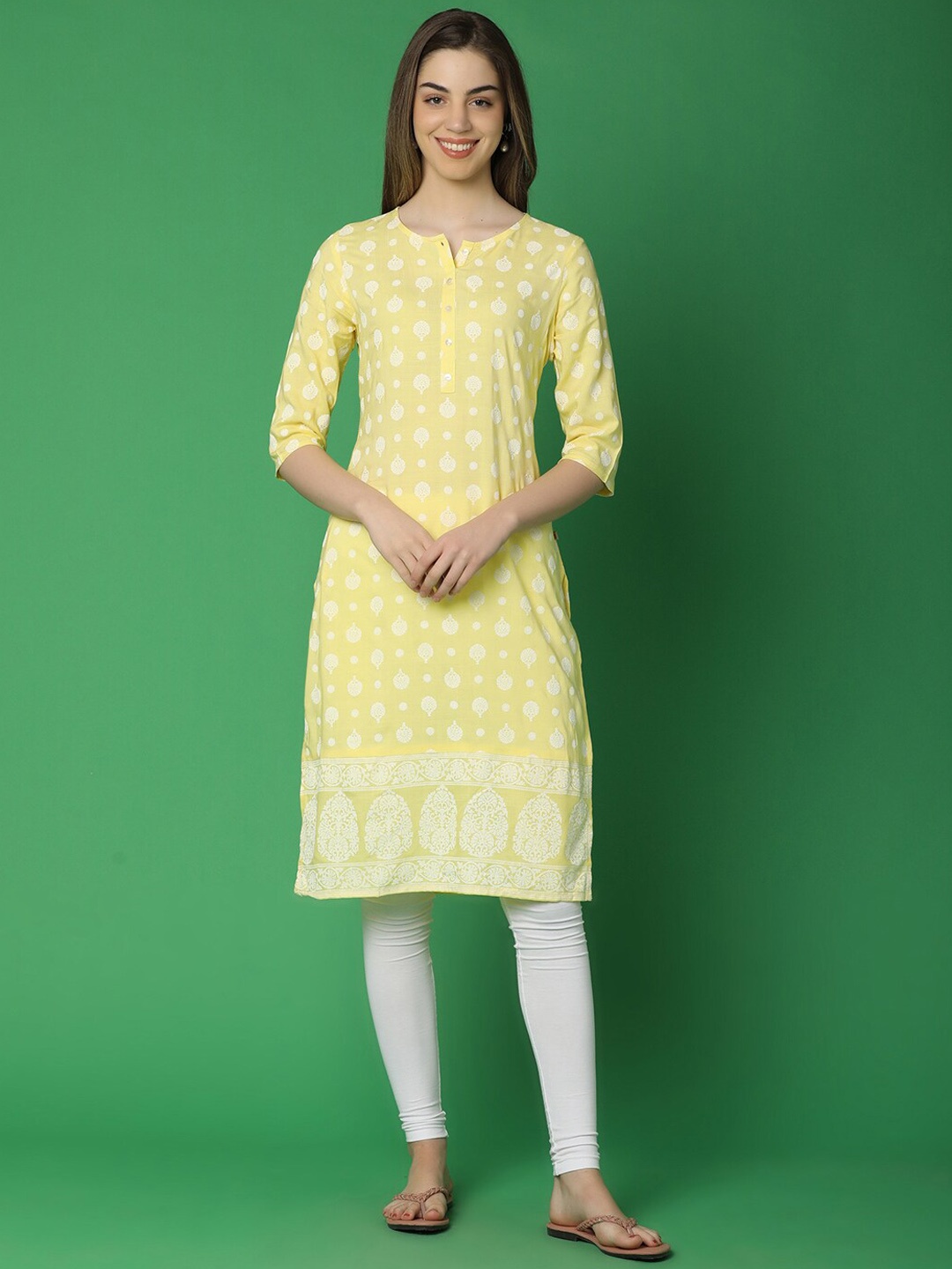 

V-Mart Ethnic Motifs Printed Notch Neck Cotton Straight Kurta, Yellow