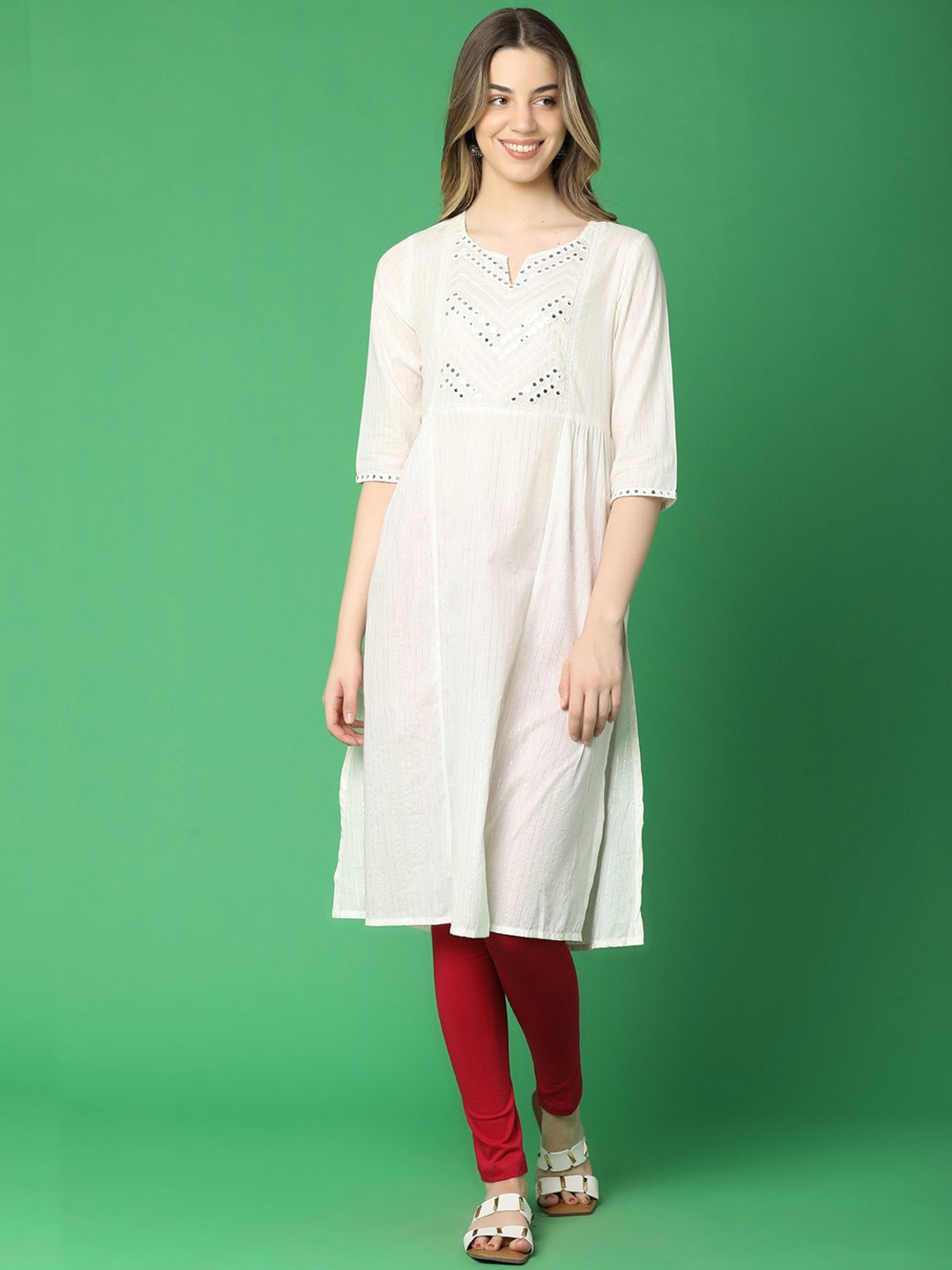 

V-Mart Geometric Embroidered Keyhole Neck Chikankari Anarkali Kurta, White