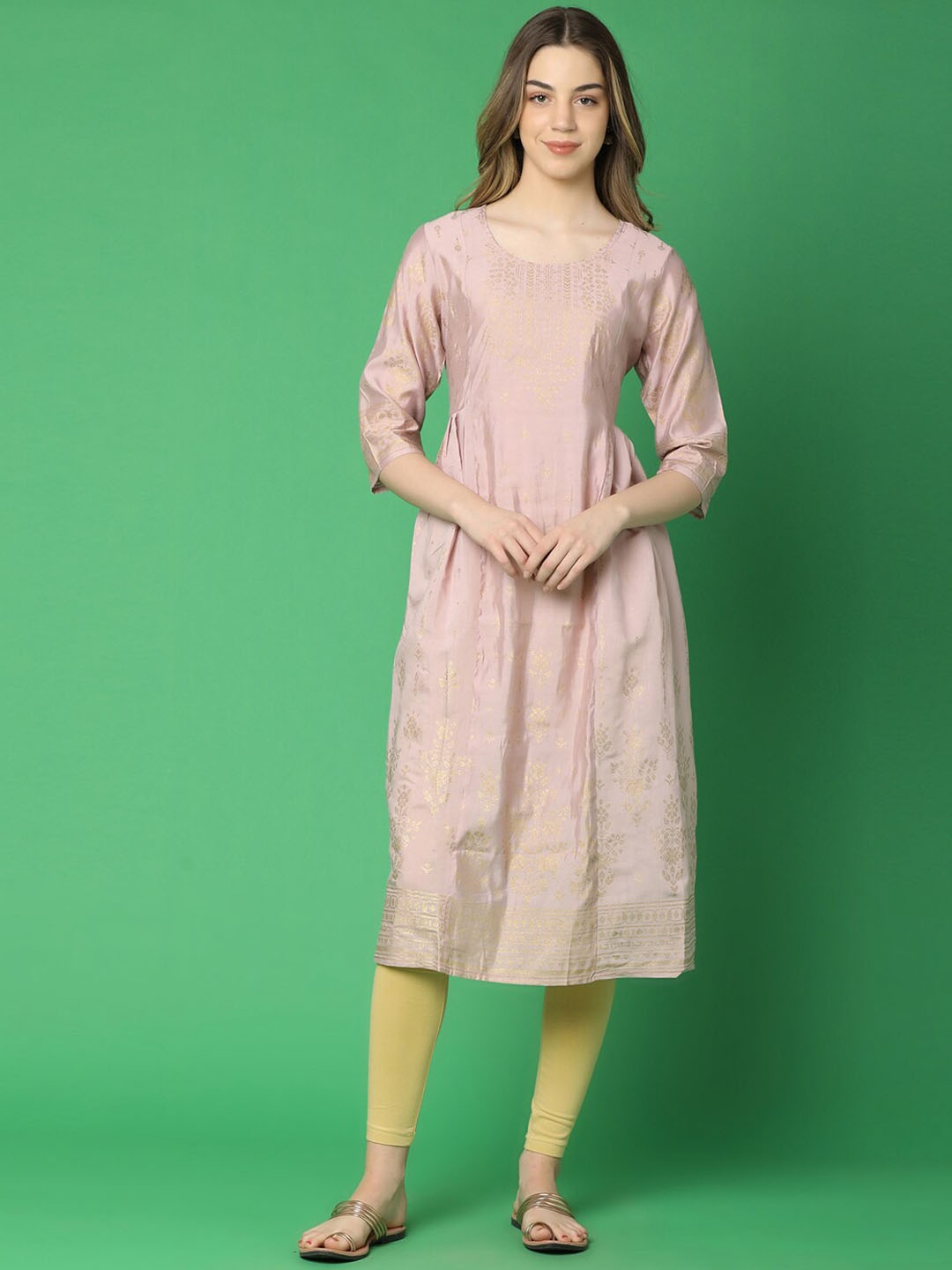 

V-Mart Printed Anarkali Round Neck Kurta, Gold