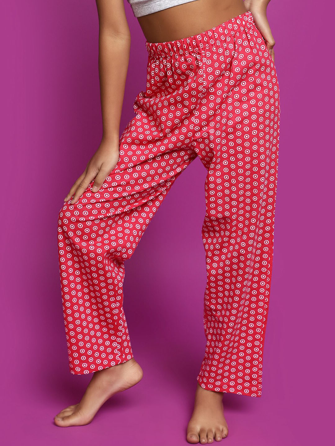 

V-Mart Girls Printed High-Rise Cotton Straight Lounge Pants, Red