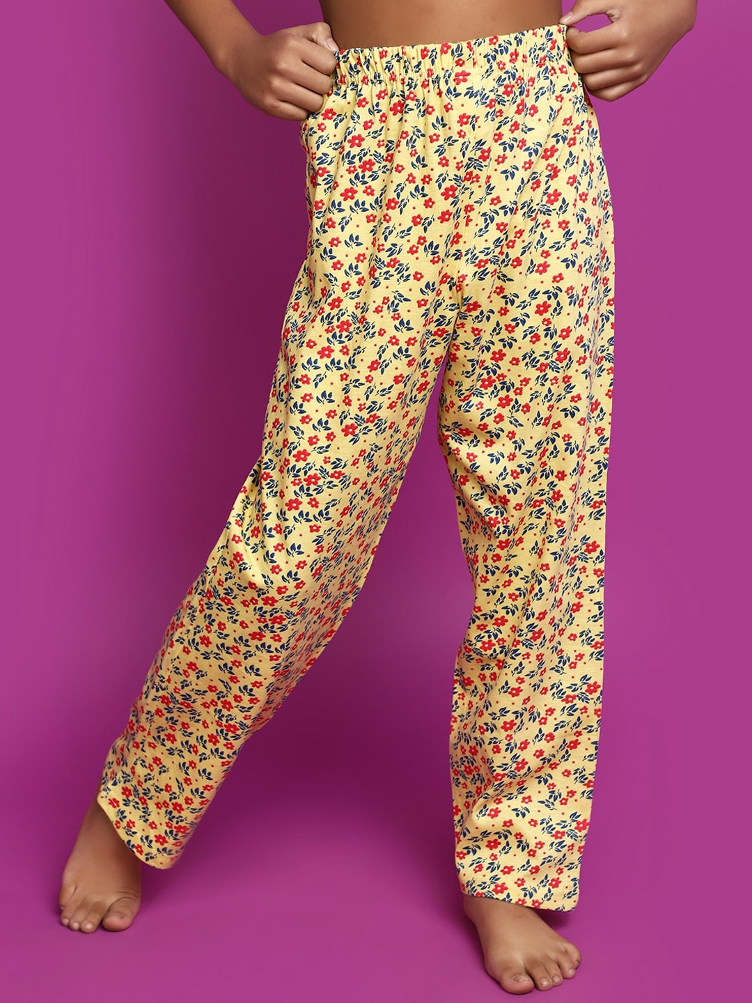 

V-Mart Girls Floral Printed Cotton Straight Lounge Pants, Yellow
