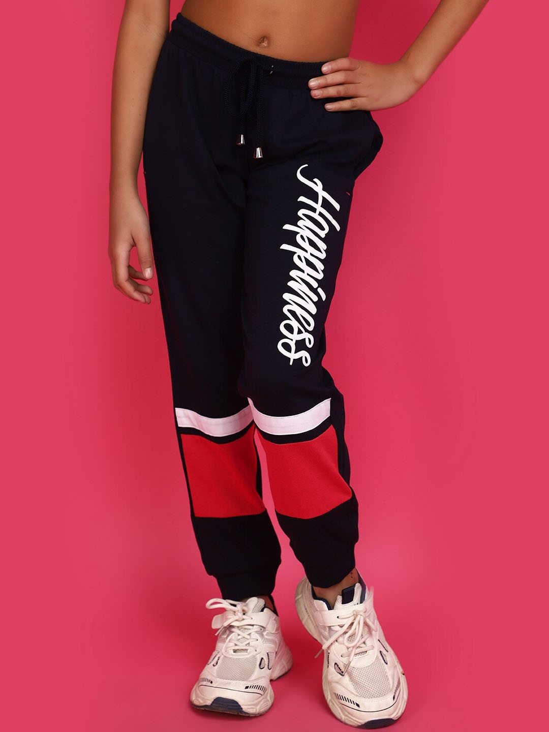 

V-Mart Girls Typography Printed Mid Rise Jogger, Navy blue