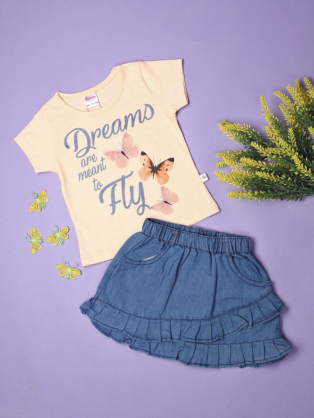 

V-Mart Girls Printed Round Neck Short Sleeves Top with Skirt, Cream
