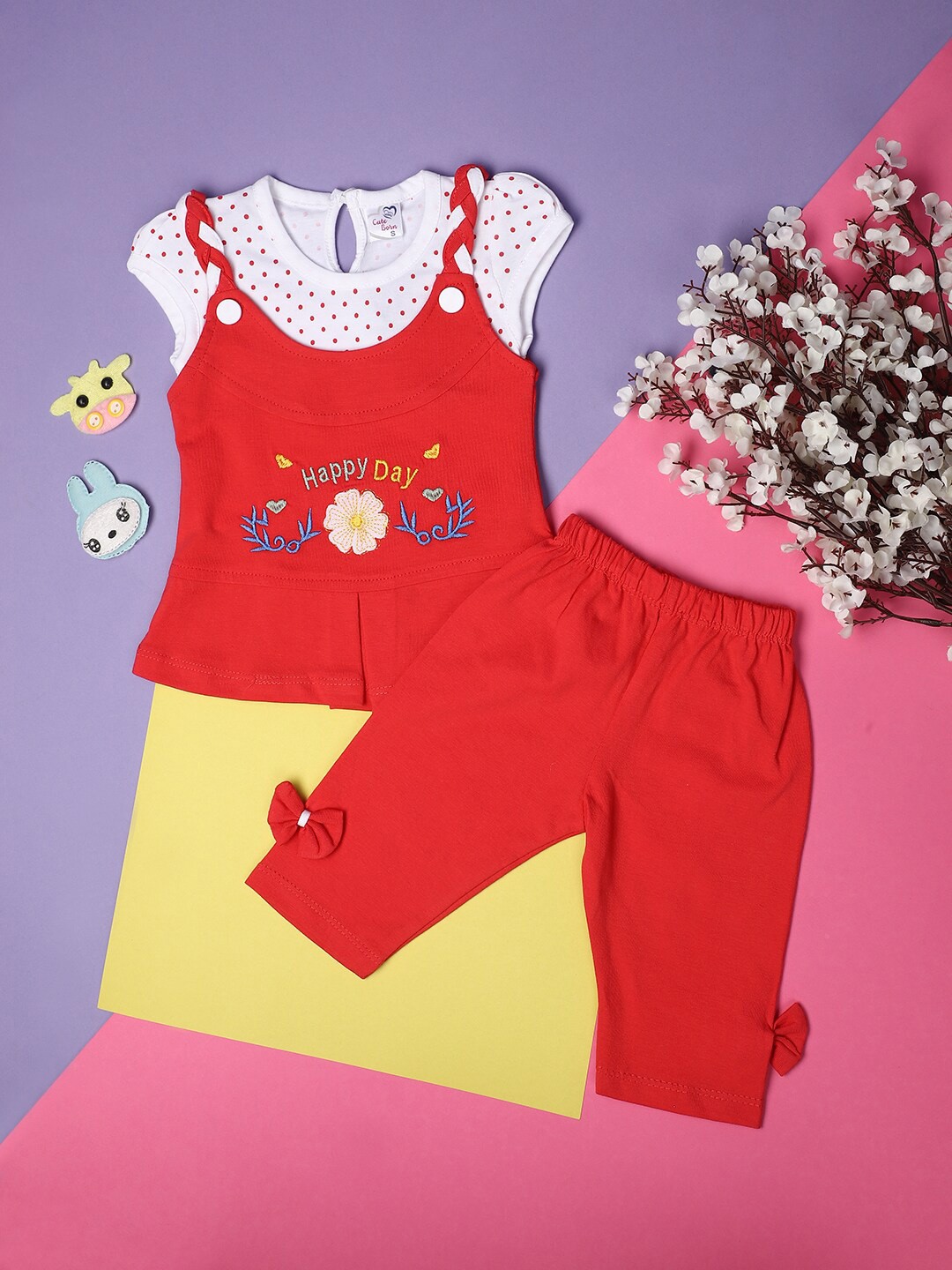 

V-Mart Girls Printed Round Neck Short Sleeves Top with Trouser, Red