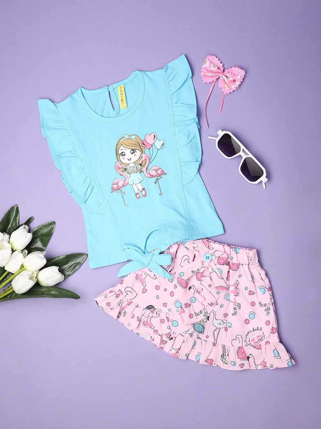 

V-Mart Kids Round Neck Short Sleeves Printed Top with Skirt, Blue