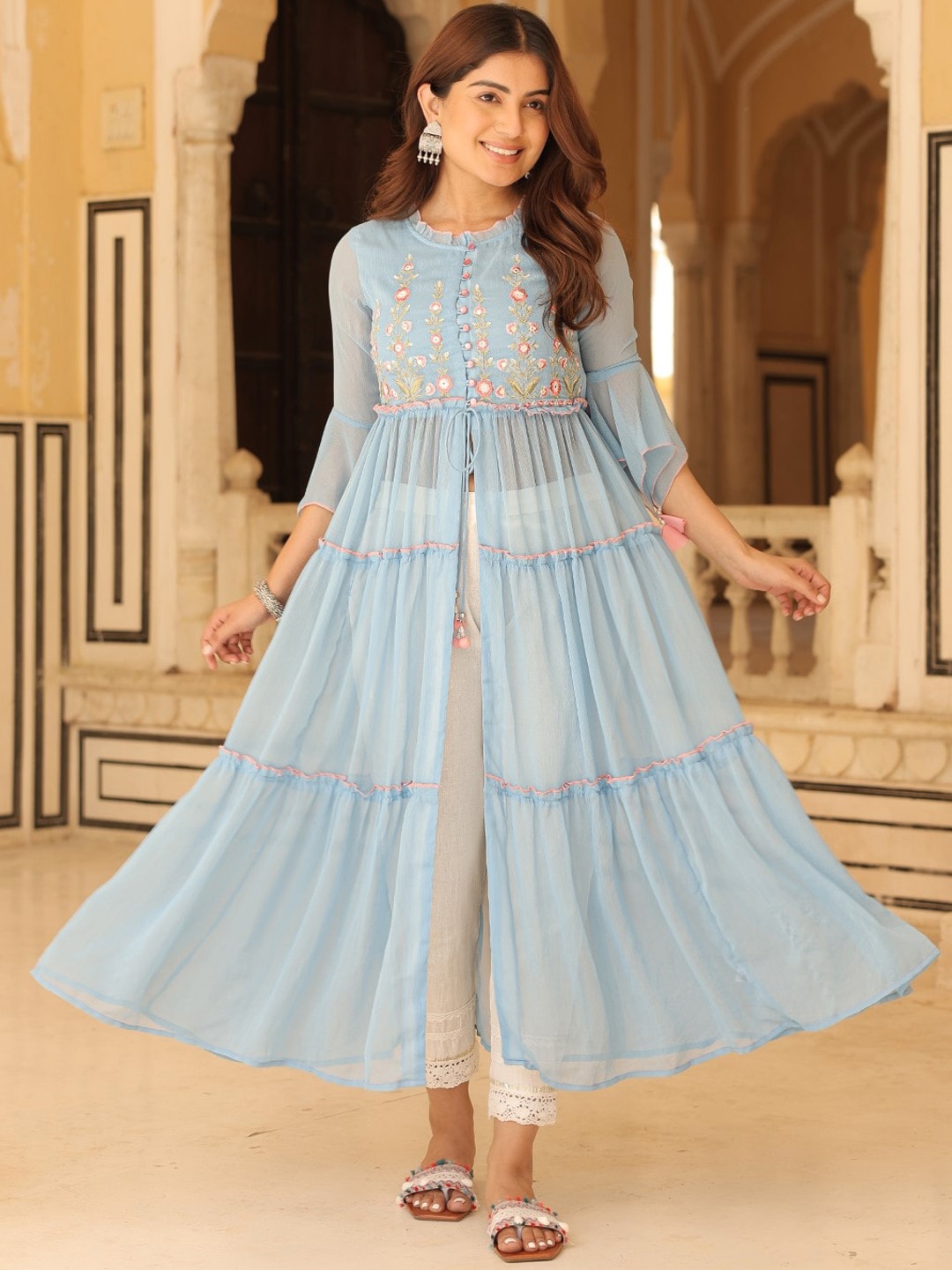 

Juniper Ethnic Motifs Embroidered Bell Sleeves Tiered Anarkali Kurta With Trouser, Blue