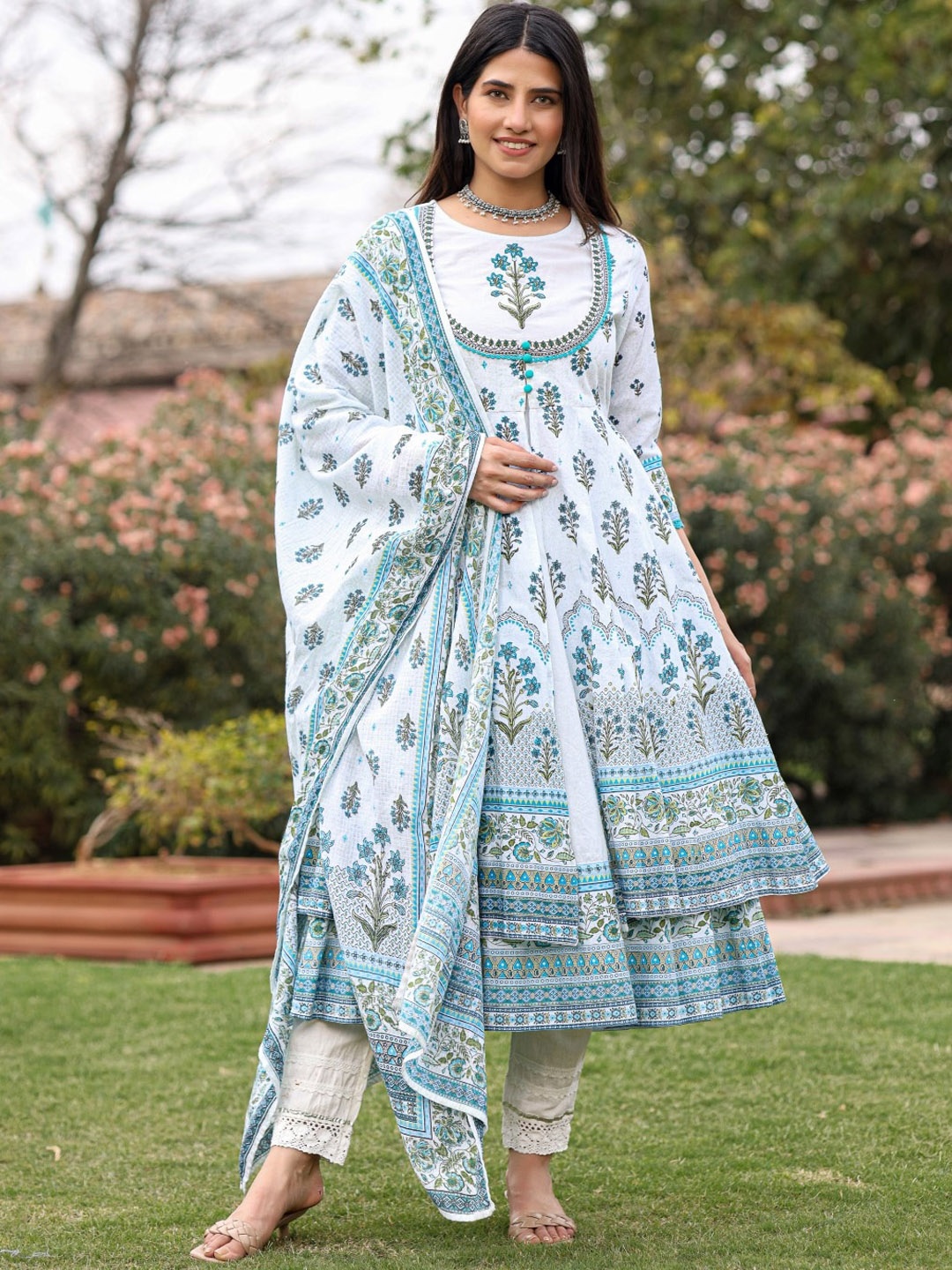 

Juniper Floral Printed Layered Thread Work Anarkali Kurta With Trouser & Dupatta, Blue