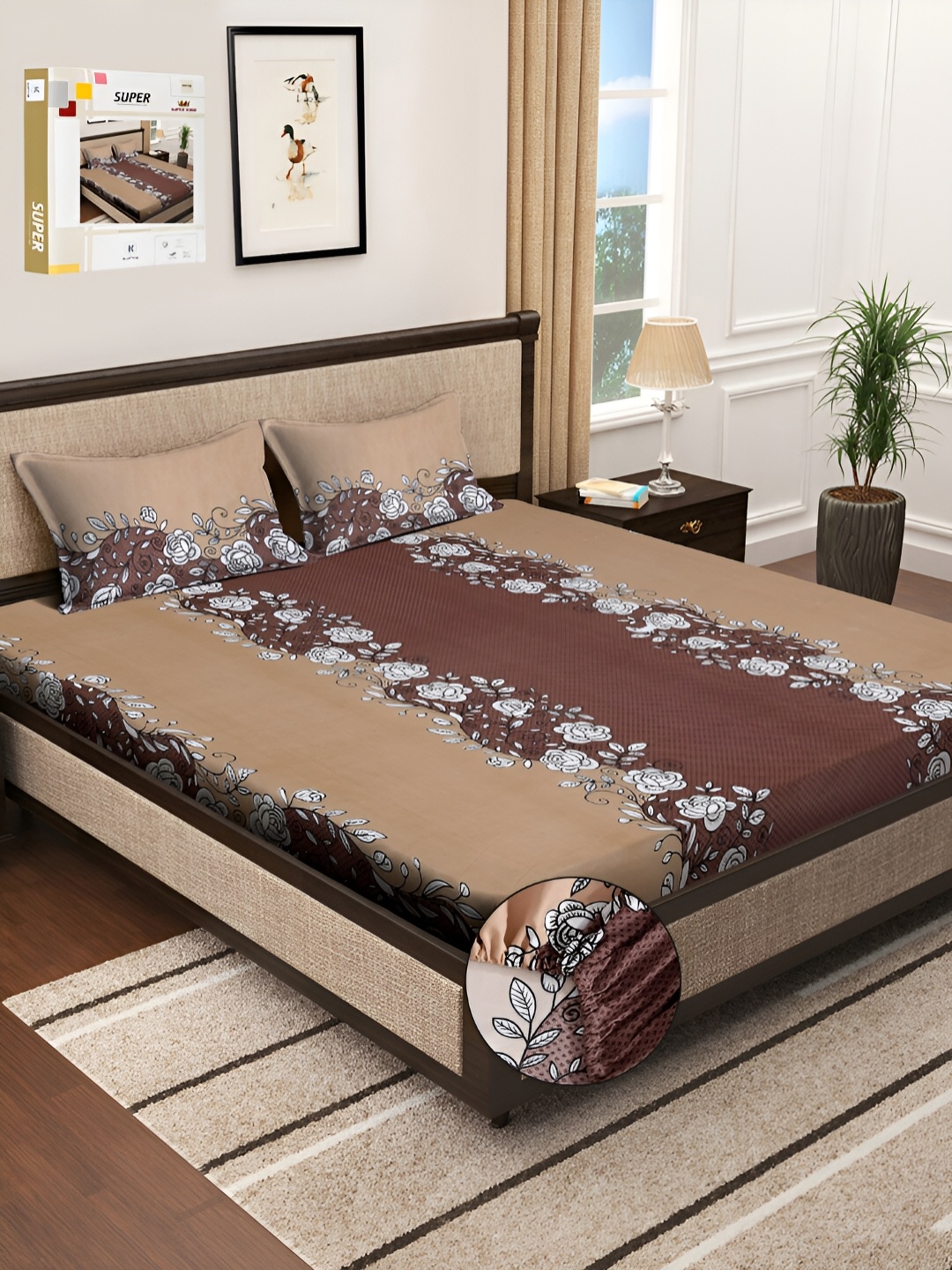 

KLOTTHE Beige & Brown Floral Printed 300TC Fitted Super King Bedsheet With 2 Pillow Cover