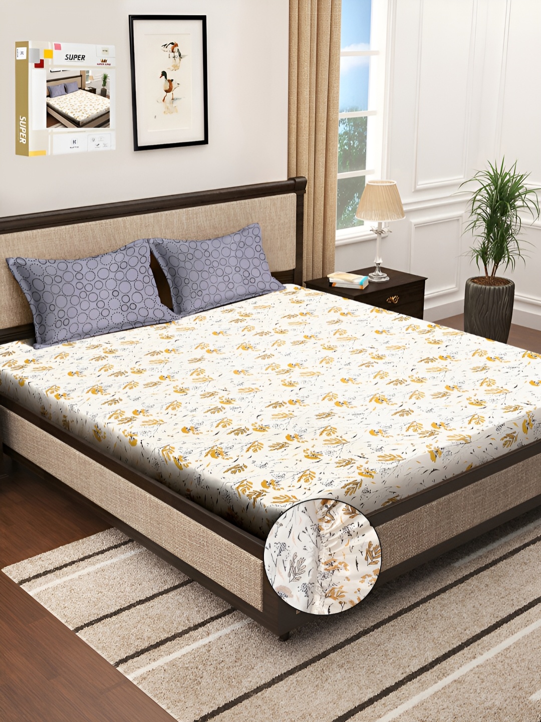 

KLOTTHE White & Yellow Floral Printed 300 TC Super King Bedsheet With 2 Pillow Covers