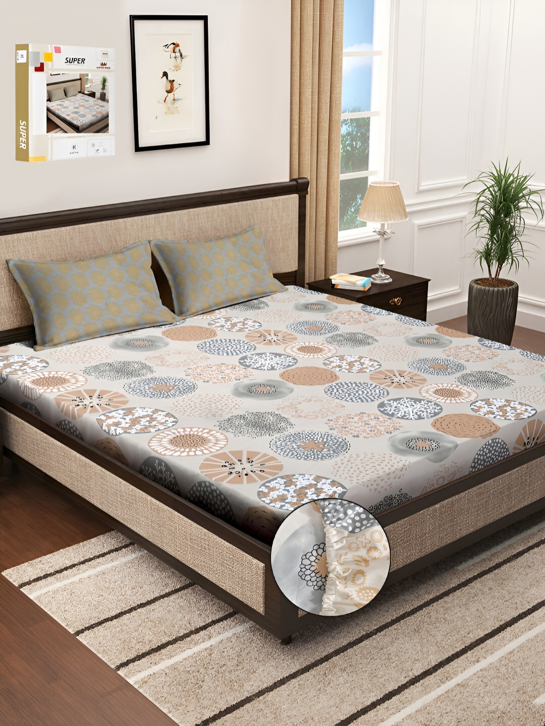 

KLOTTHE Beige & Grey Printed 300 TC Super King Fitted Bedsheet With 2 Pillow Covers