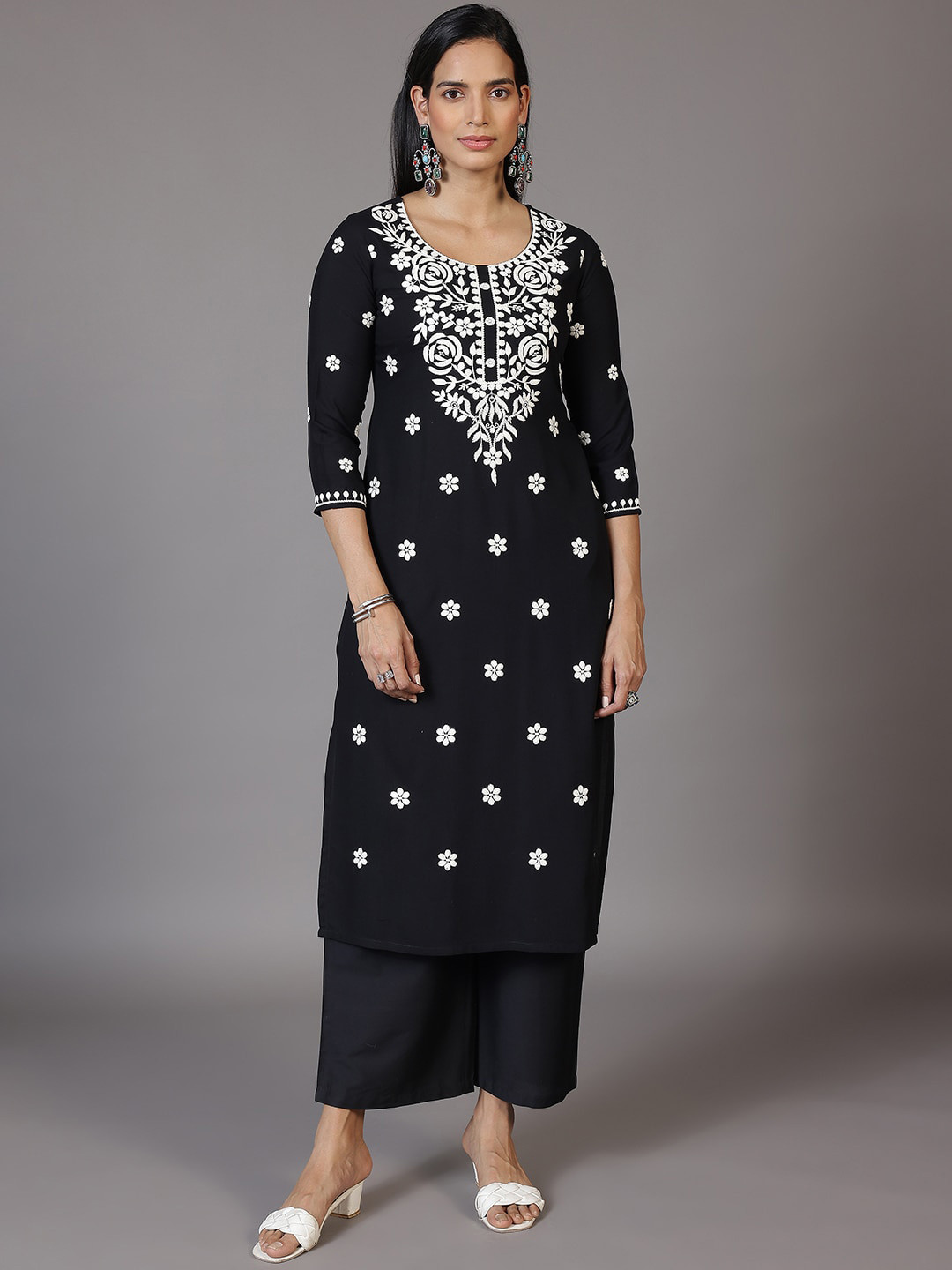 

Libas Floral Embroidered Round Neck Chikankari Straight Kurta, Black