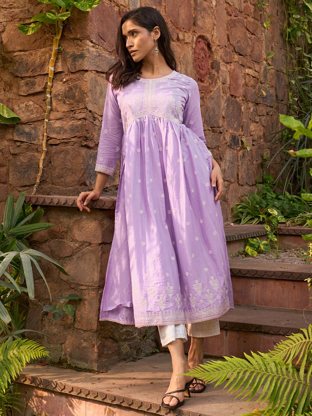 

Libas Floral Printed Round Neck Embroidered Thread Work Anarkali Cotton A-line Kurta, Lavender