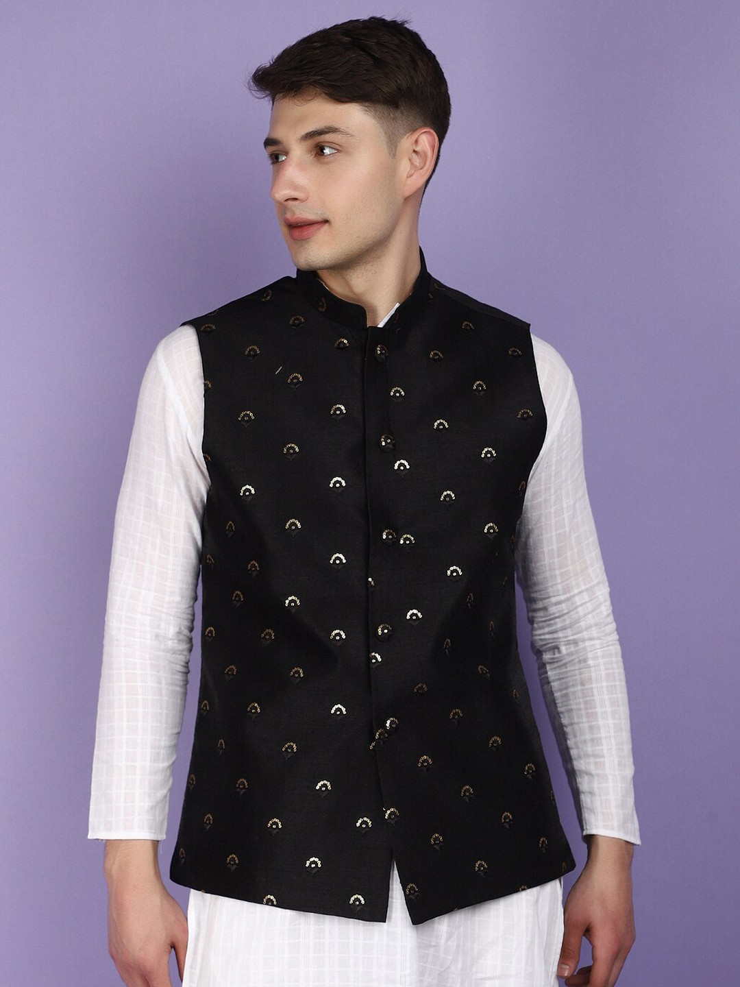 

V-Mart Floral Mandarin Collar Embellished Nehru Jacket, Black