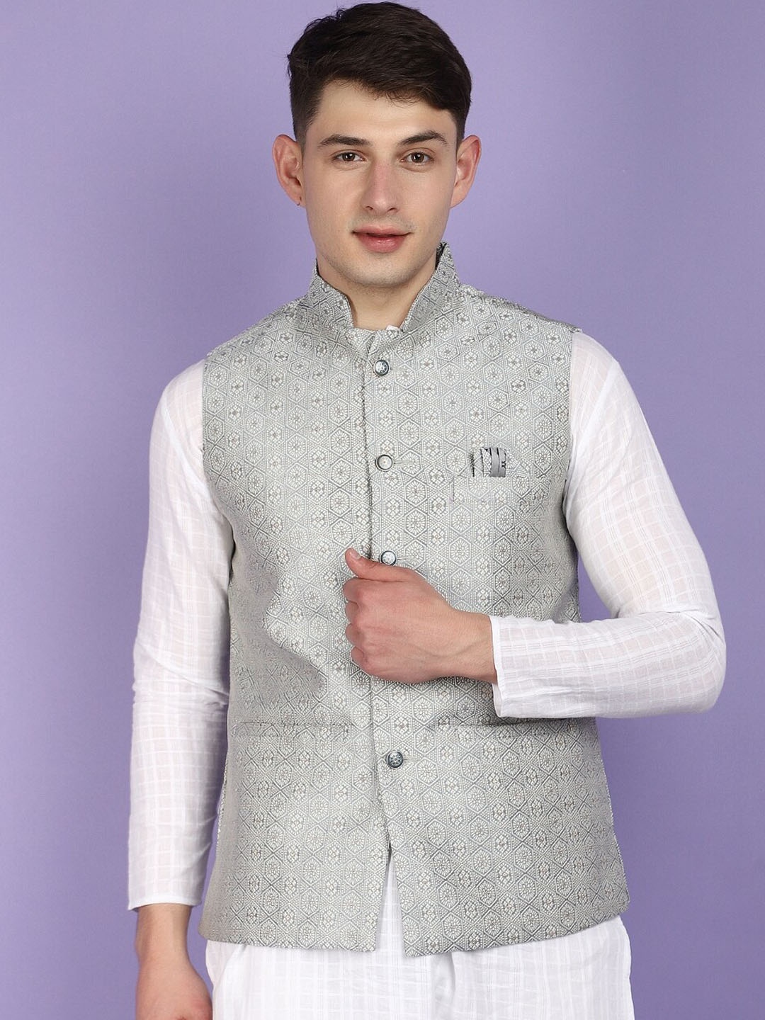 

V-Mart Ethnic Motifs Woven Design Mandarin Collar Nehru Jacket, Grey