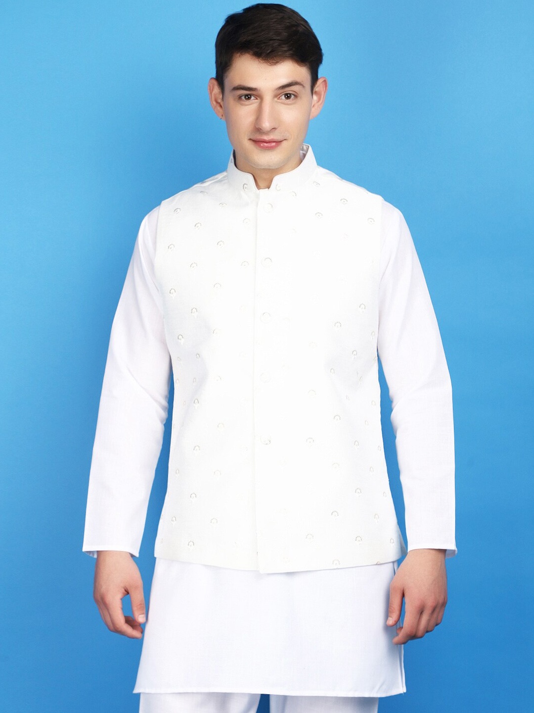 

V-Mart Geometric Woven Design Mandarin Collar Nehru Jacket, White