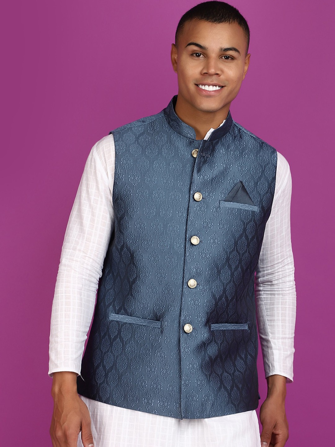 

V-Mart Ethnic Motifs Printed Mandarin Collar Sleeveless Nehru Jacket, Blue