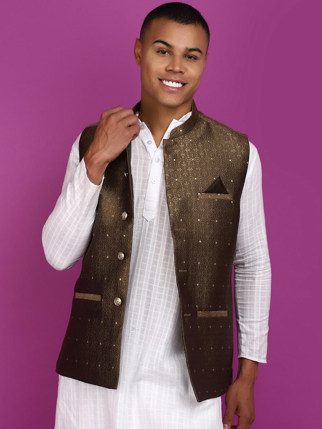 

V-Mart Mandarin Collar Nehru Jacket, Brown