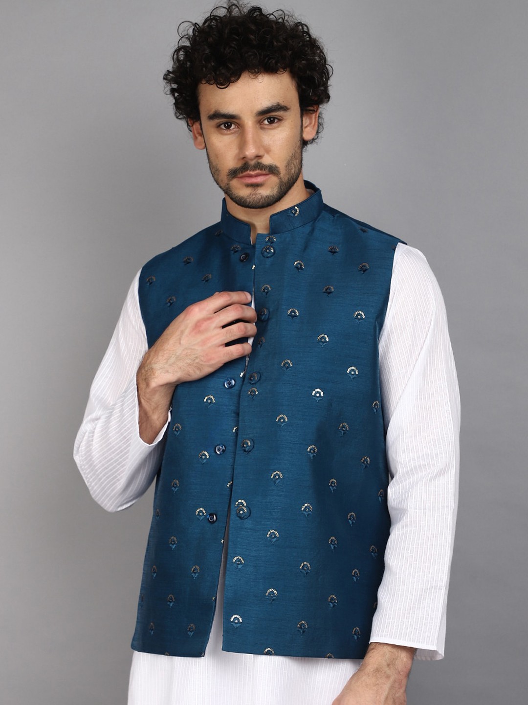 

V-Mart Embellished Mandarin Collar Sequinned Nehru Jacket, Blue