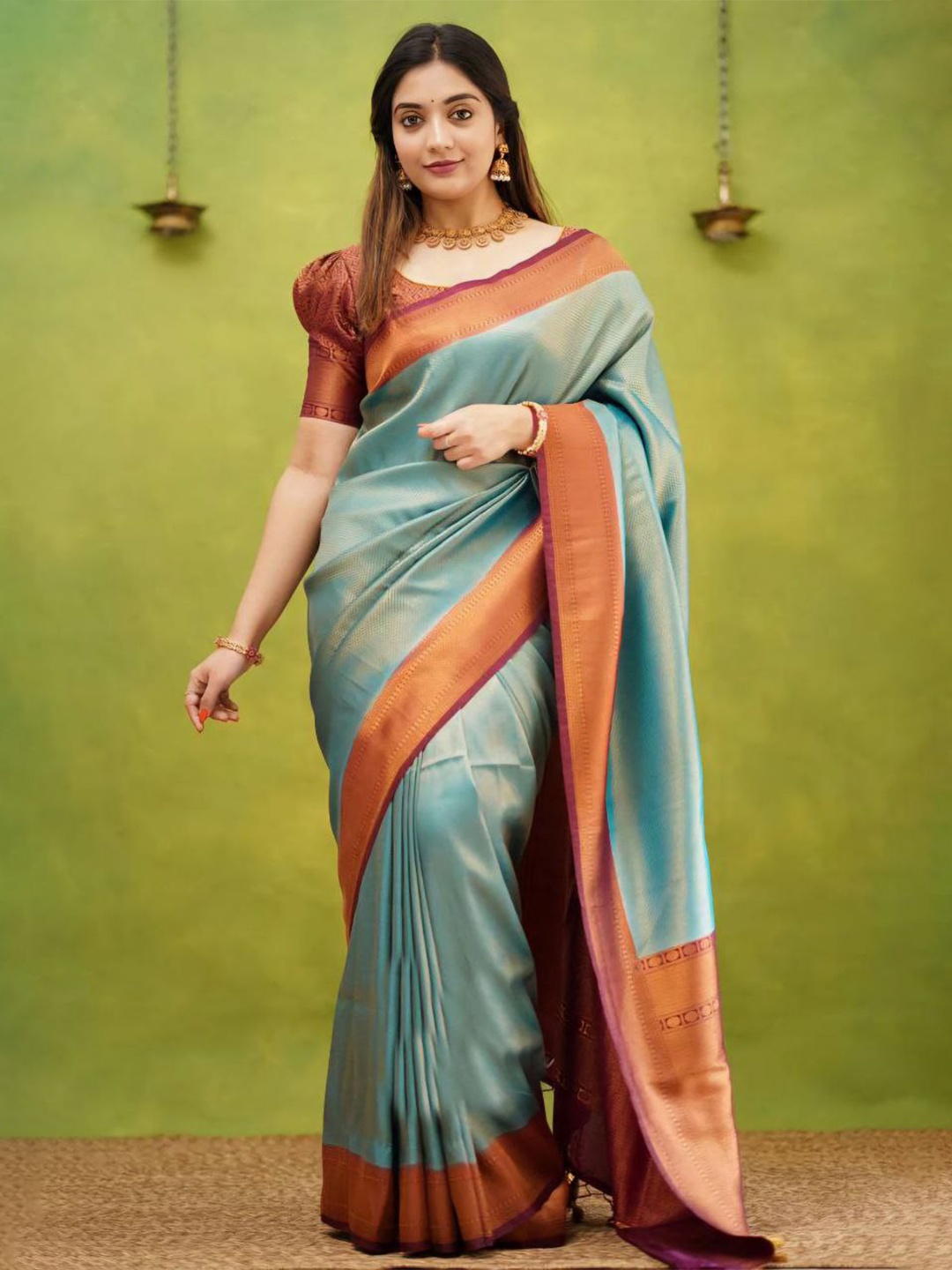 

KALINI Ethnic Motifs Woven Design Zari Detailed Banarasi Saree, Sea green