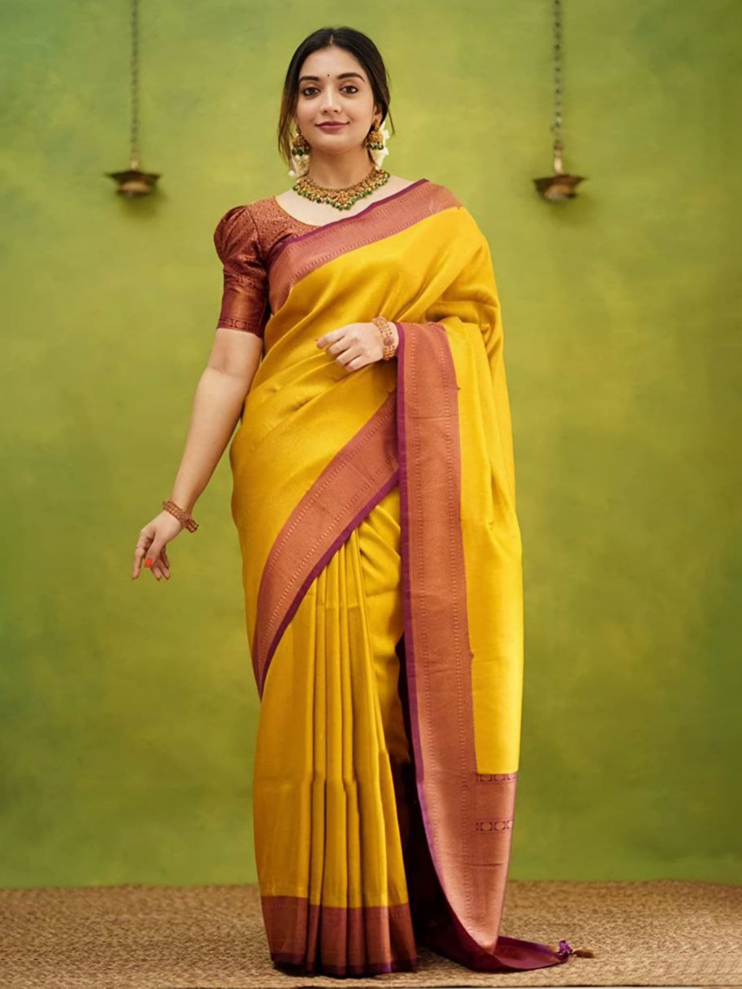 

KALINI Ethnic Motifs Woven Design Zari Detailed Banarasi Saree, Mustard