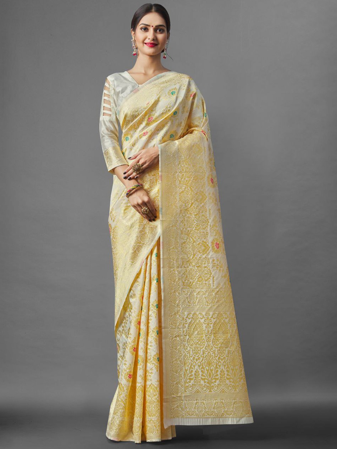 

KALINI Ethnic Motifs Zari Banarasi Saree, Cream