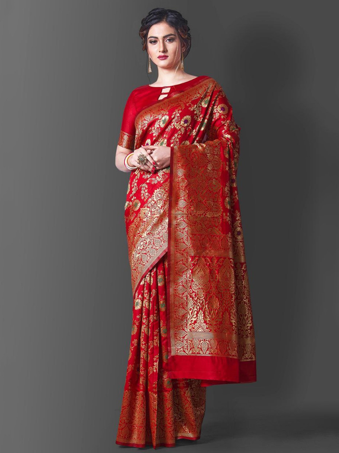 

KALINI Ethnic Motifs Zari Banarasi Saree, Red