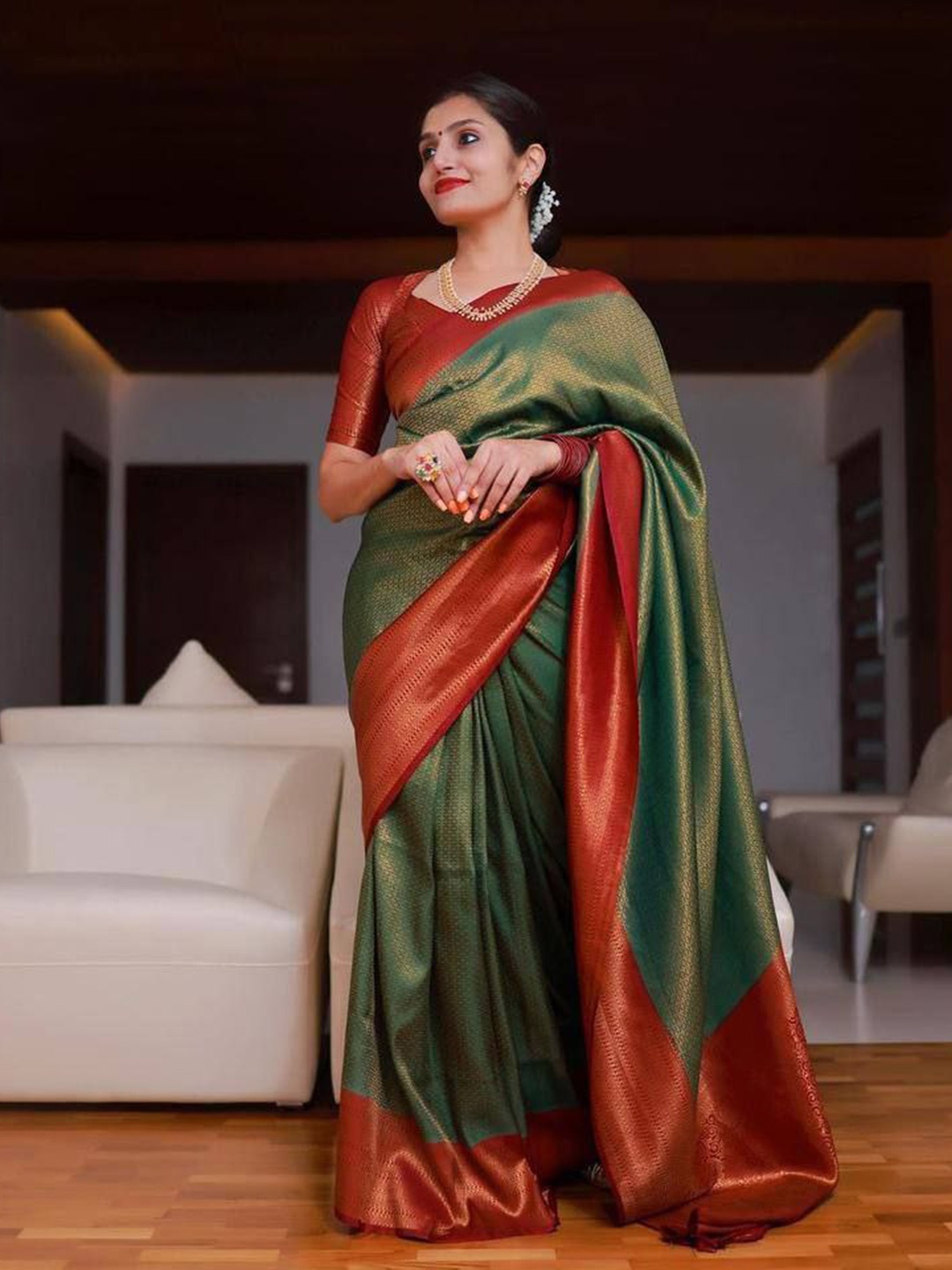 

KALINI Ethnic Motifs Zari Banarasi Saree, Green