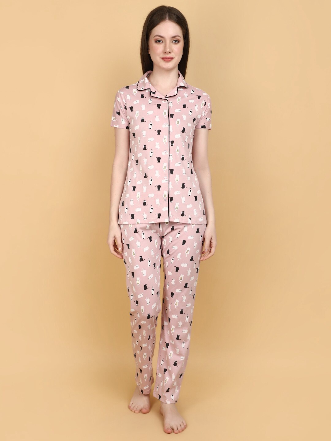 

V-Mart Graphic Printed Lapel Collar Pure Cotton Night suit, Pink