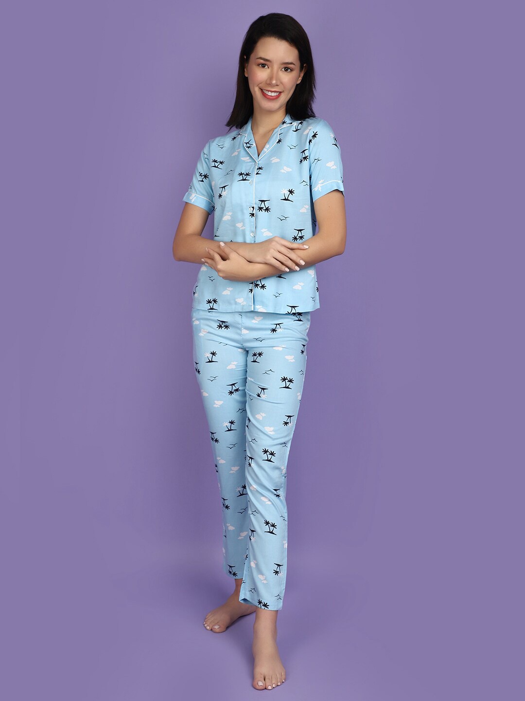 

V-Mart Floral Printed Lapel Collar Night suit, Blue