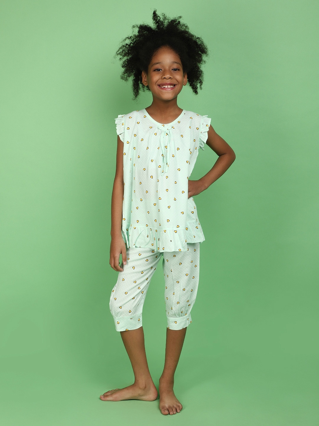 

V-Mart Girls Conversational Printed Night suit, Green