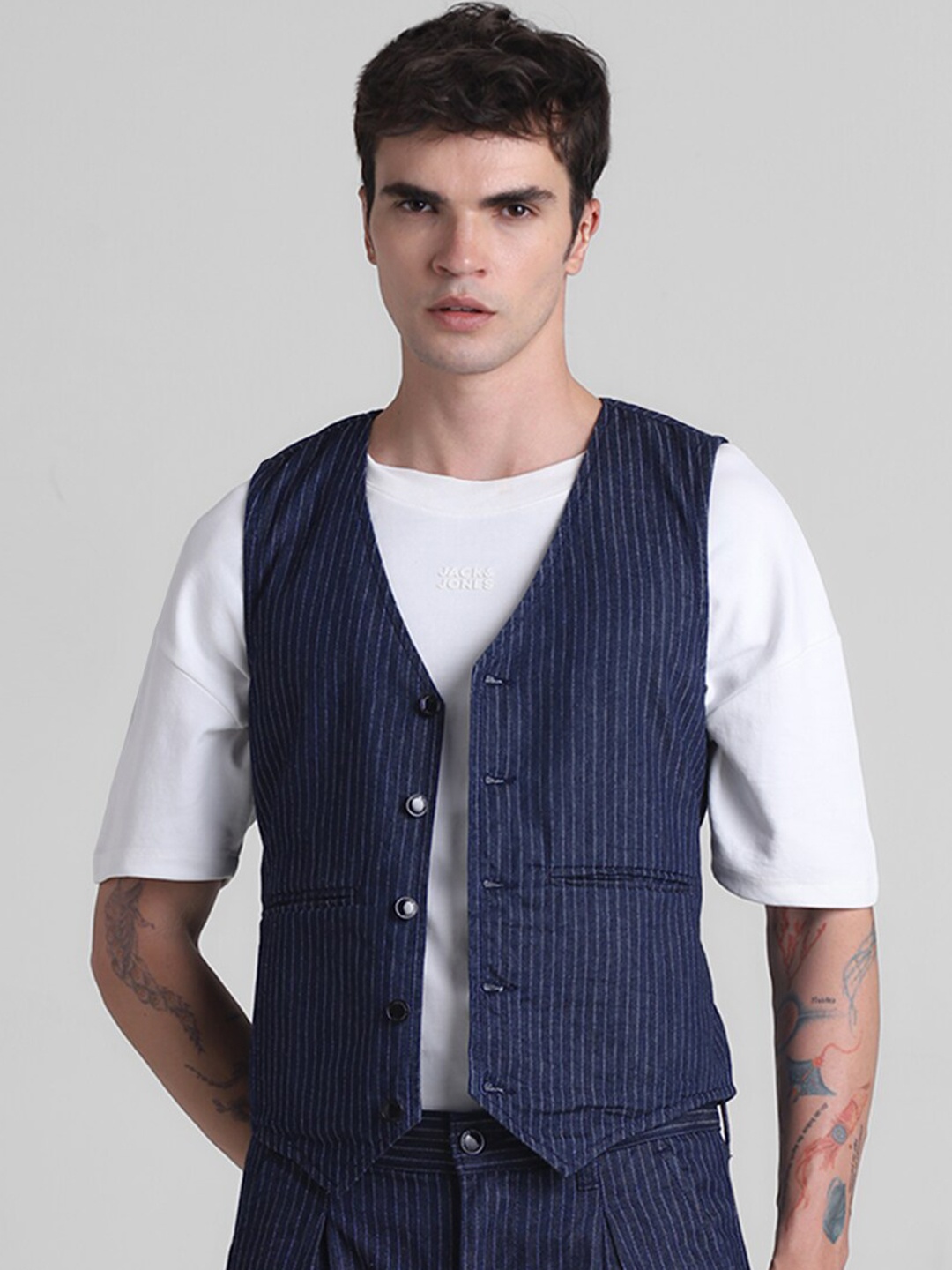 

Jack & Jones Striped V-Neck Pure Cotton Waistcoat, Blue