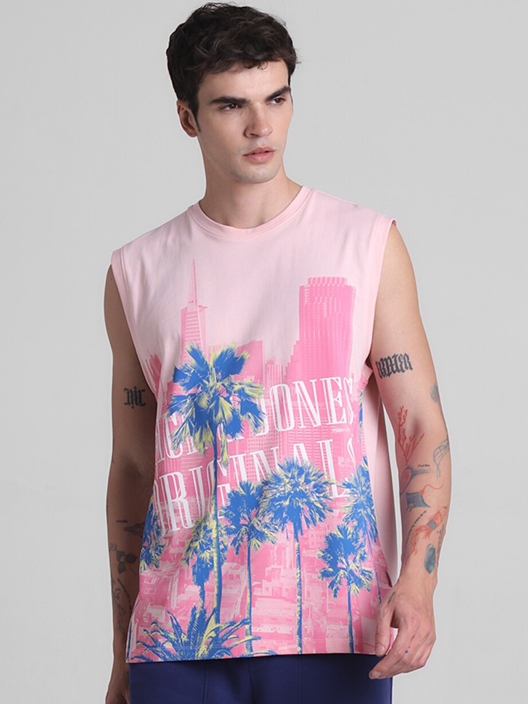 

Jack & Jones Tropical Printed Pure Cotton Basic Vest- 1602738001, Pink
