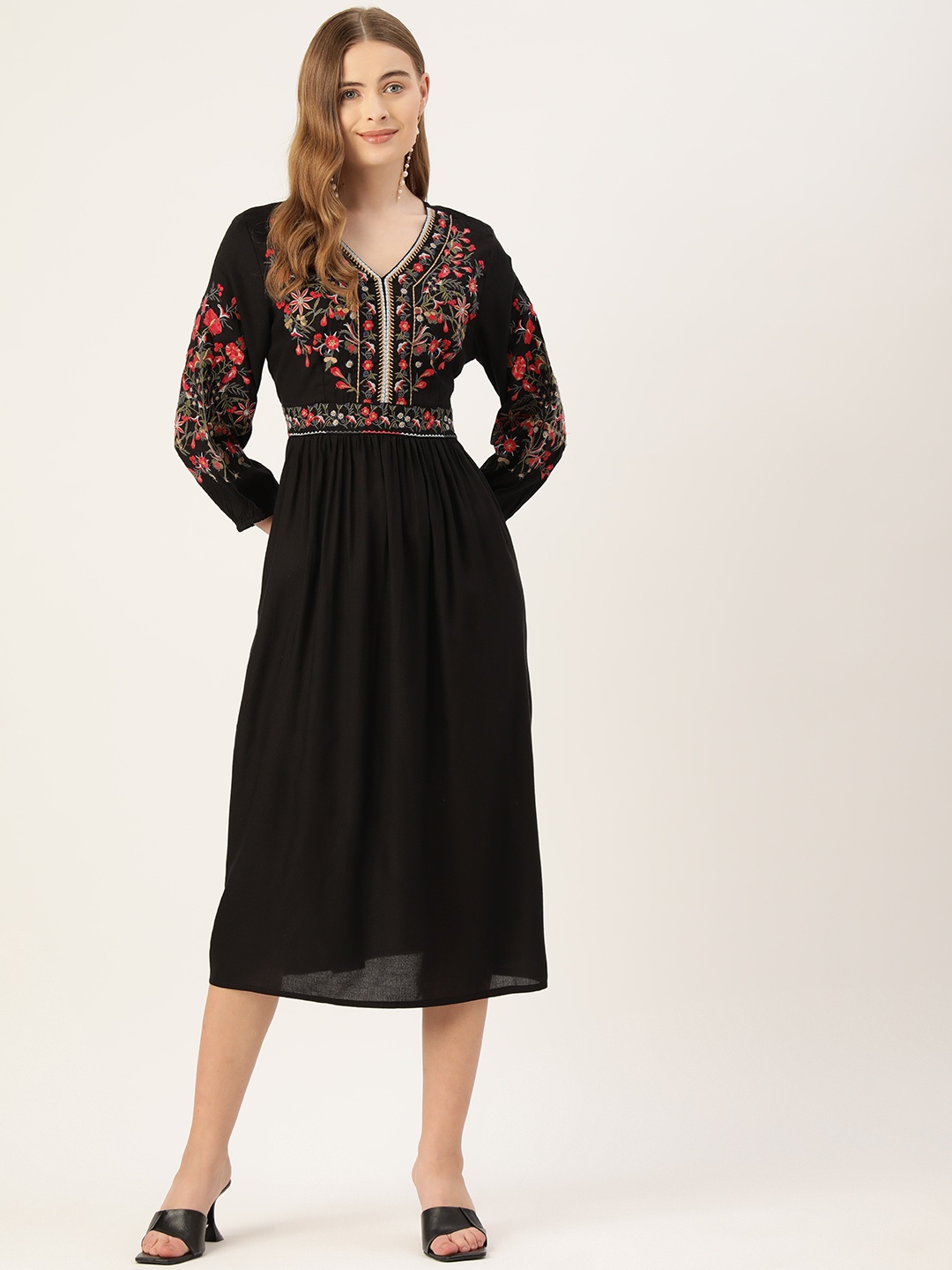 

MISRI Floral Embroidered Puff Sleeves Fit & Flare Midi Dress, Black