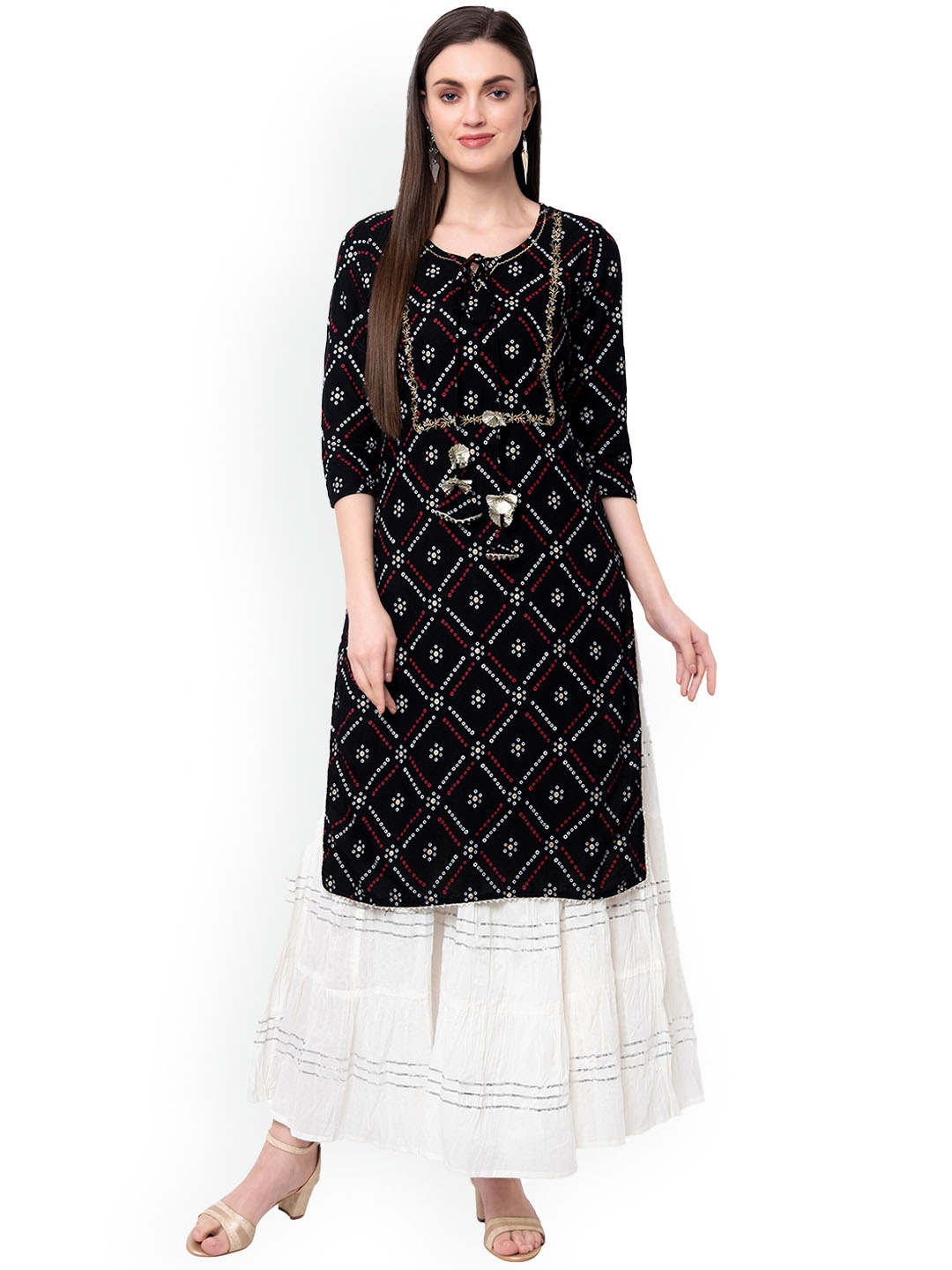 

Sanganeri Kurti Tie Up Neck Bandhani Printed Straight Kurta with Skirt, Black