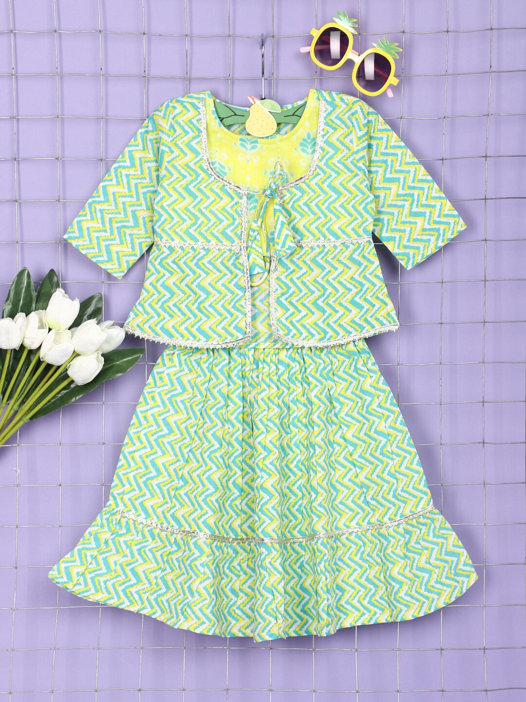 

V-Mart Round Neck Striped Printed Cotton Fit & Flare Dress, Green