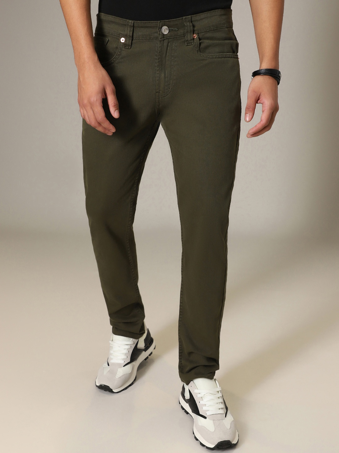

Banana Club Men Jean Mid Rise Slim Fit Cotton Jeans, Olive