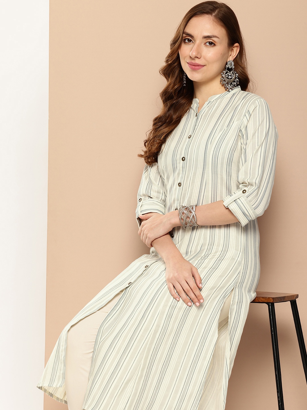

AMUKTI Striped Band Collar Kurta, Beige