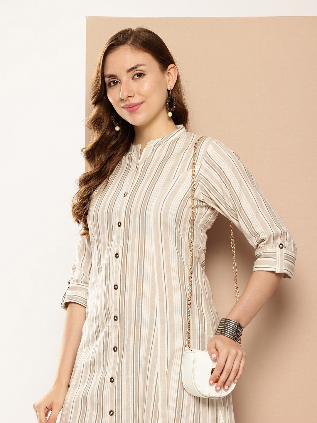 

AMUKTI Striped Band Collar Kurta, Beige