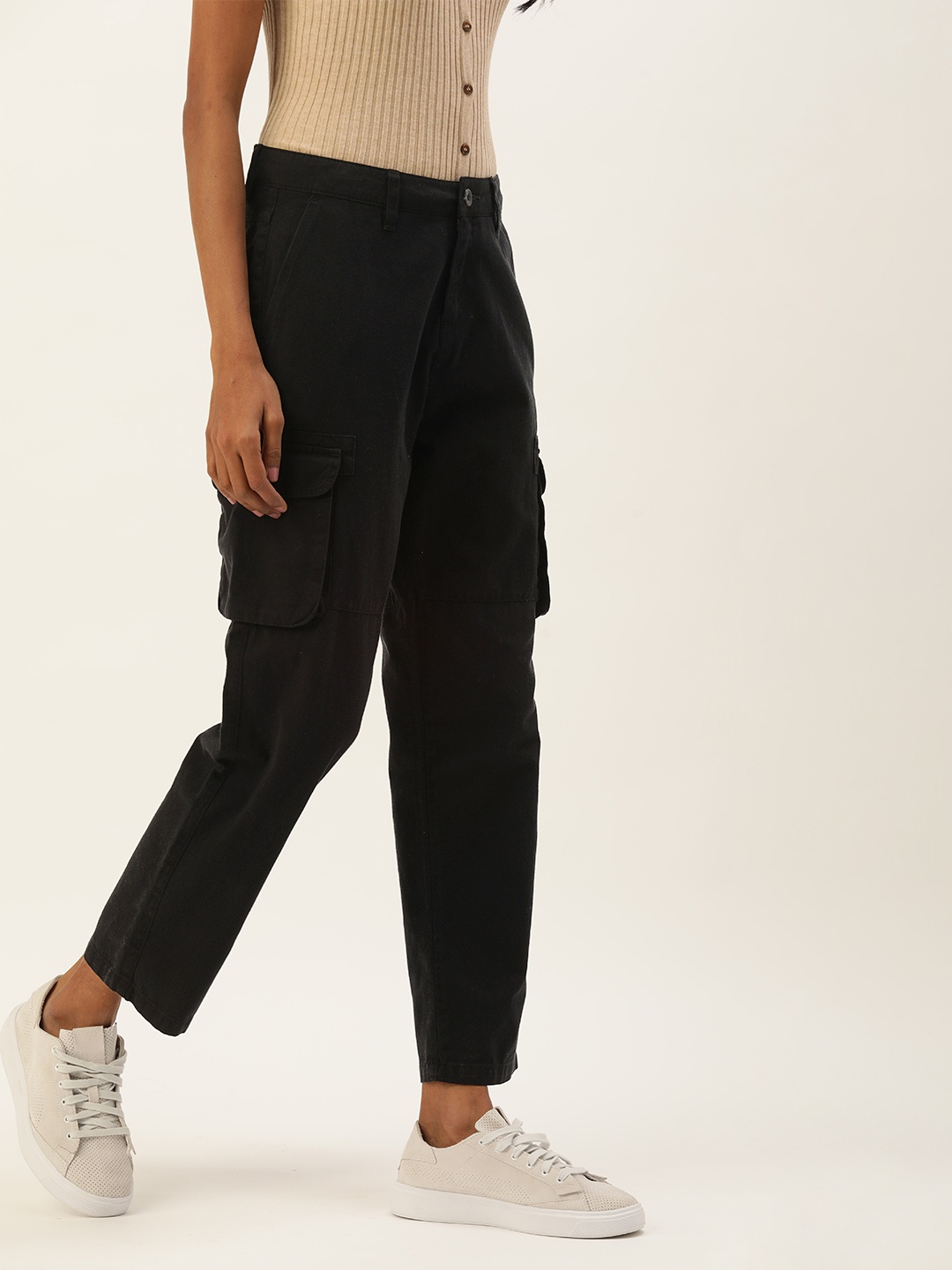 

IVOC Women Mid-Rise Pure Cotton Cargo Styles Regular Fit Jeans, Black