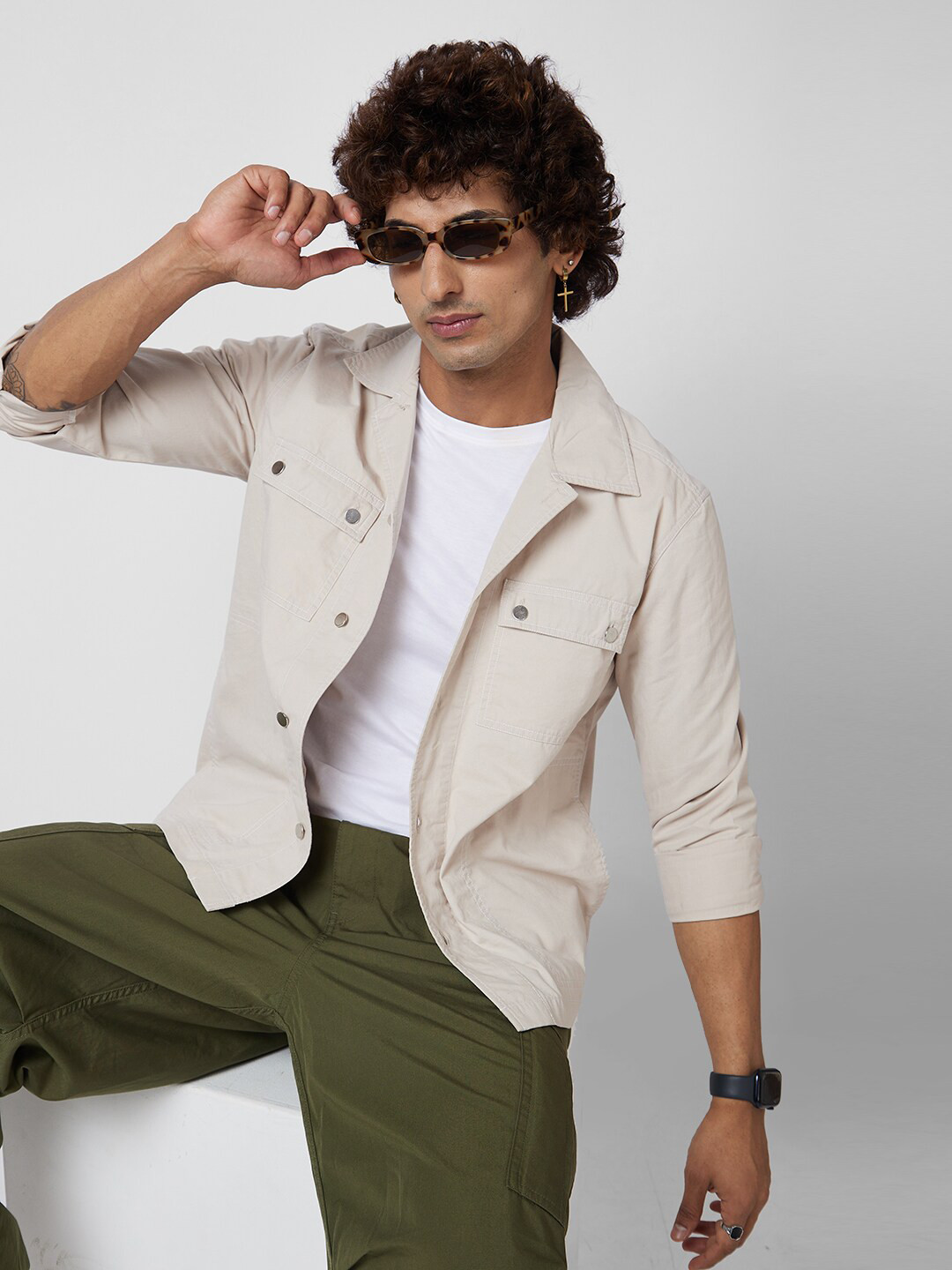 

VASTRADO Men Classic Slim Fit Opaque Cotton Casual Shacket, Beige