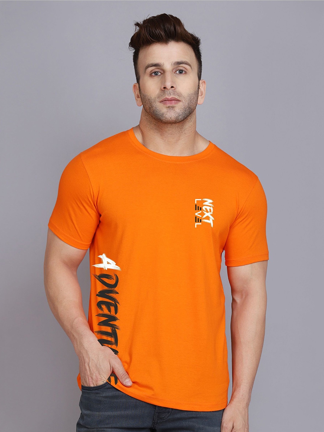 

SLOWLORIS Typography Printed Round Neck Bio-Wash Cotton T-shirt, Orange