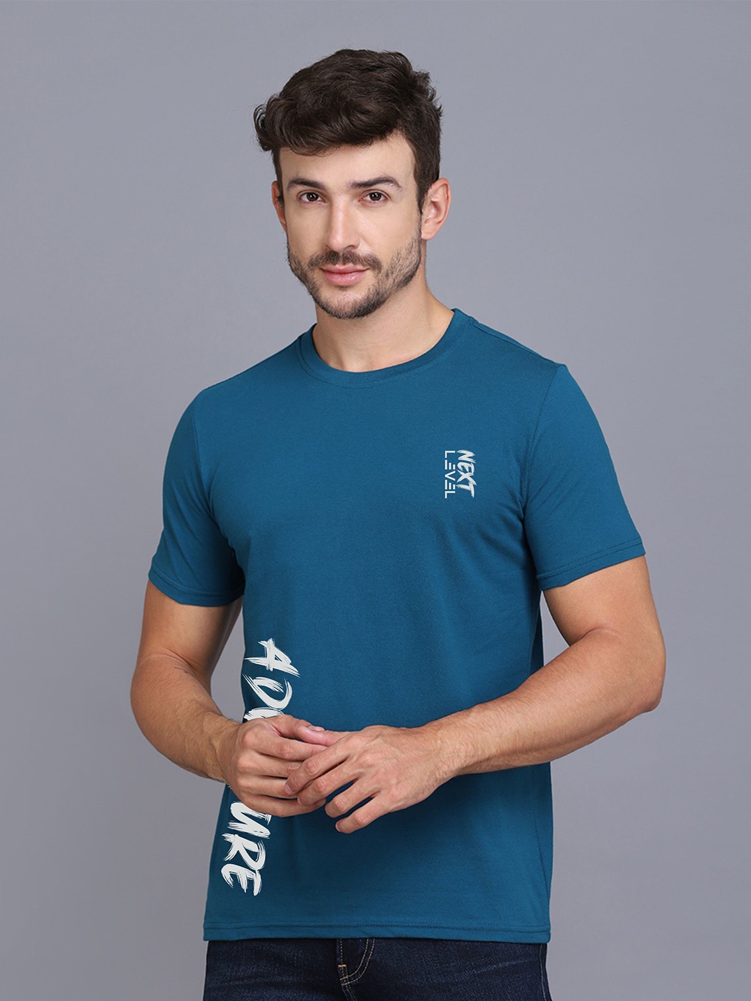 

SLOWLORIS Round Neck Short Sleeves Typography Printed T-shirt, Teal